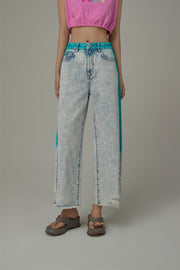 Color Outline Light Acid Wash Distressed Hem Denim Jeans