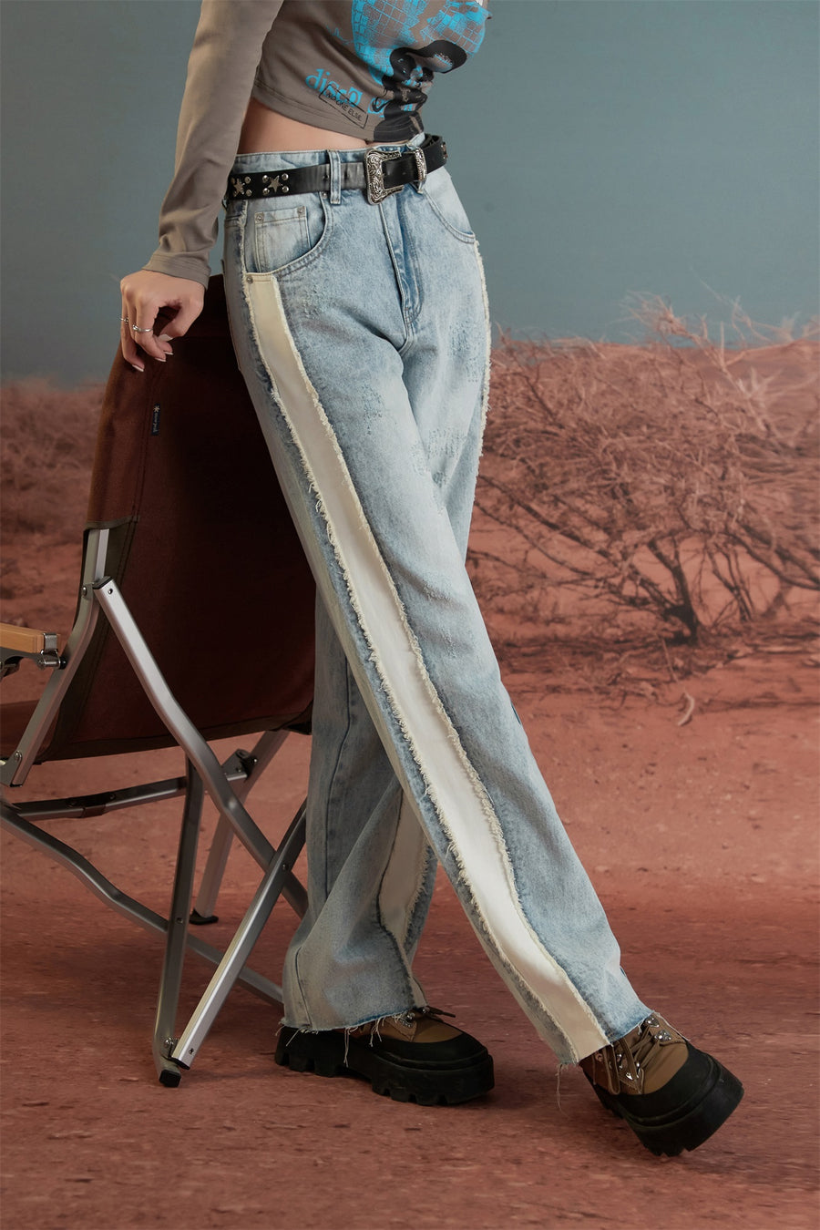 CHUU Raw Damaged Straight Wide Jeans