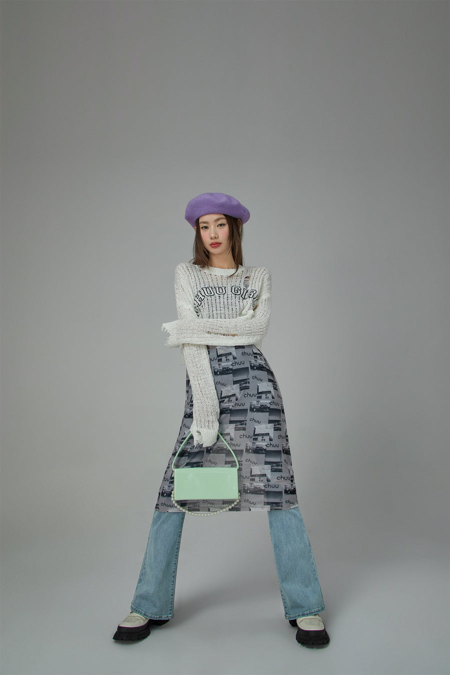 CHUU Ripped High-Wait Bootcut Jeans