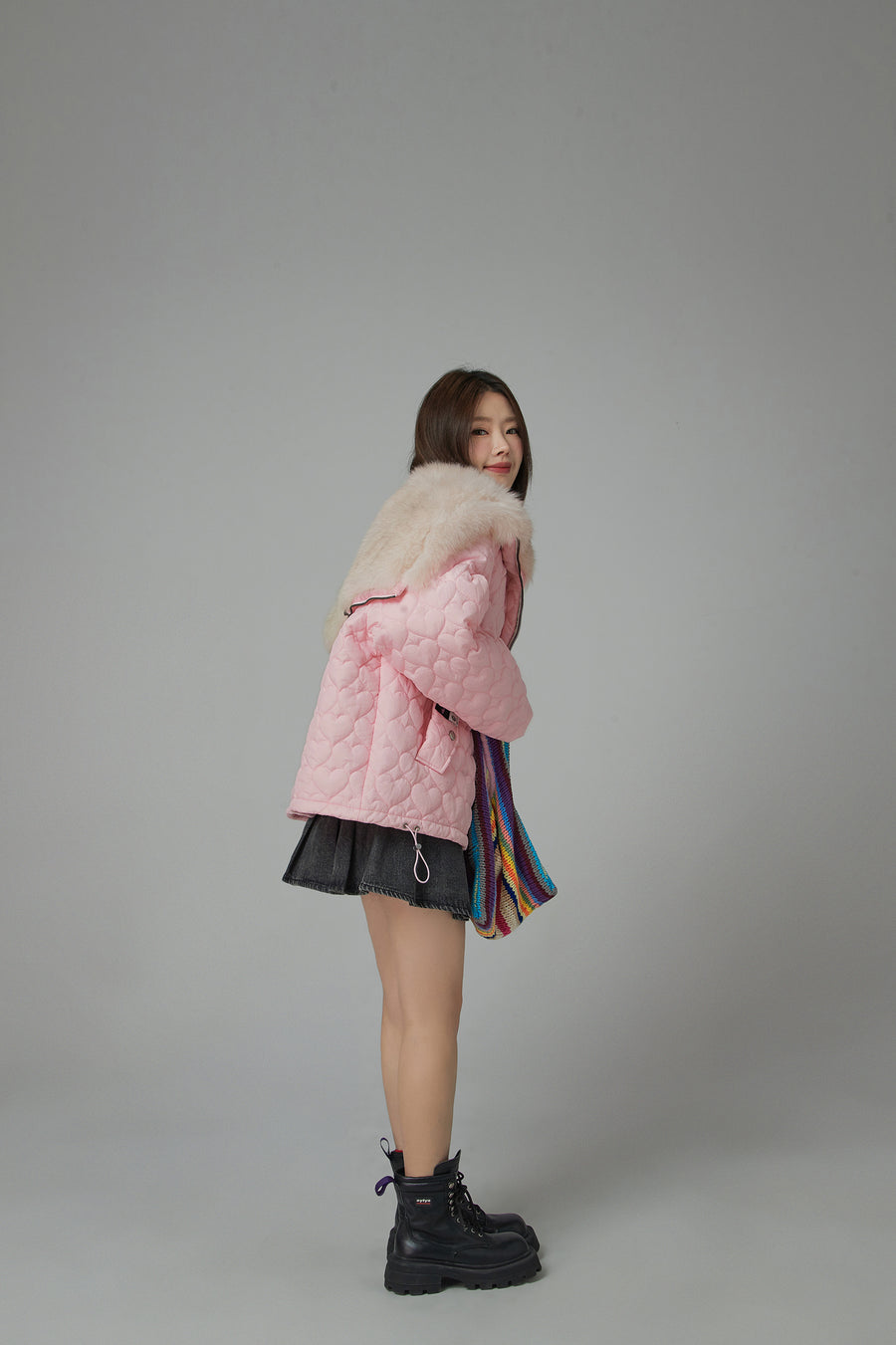 CHUU Fur Hoodie Heart Quilted Jacket