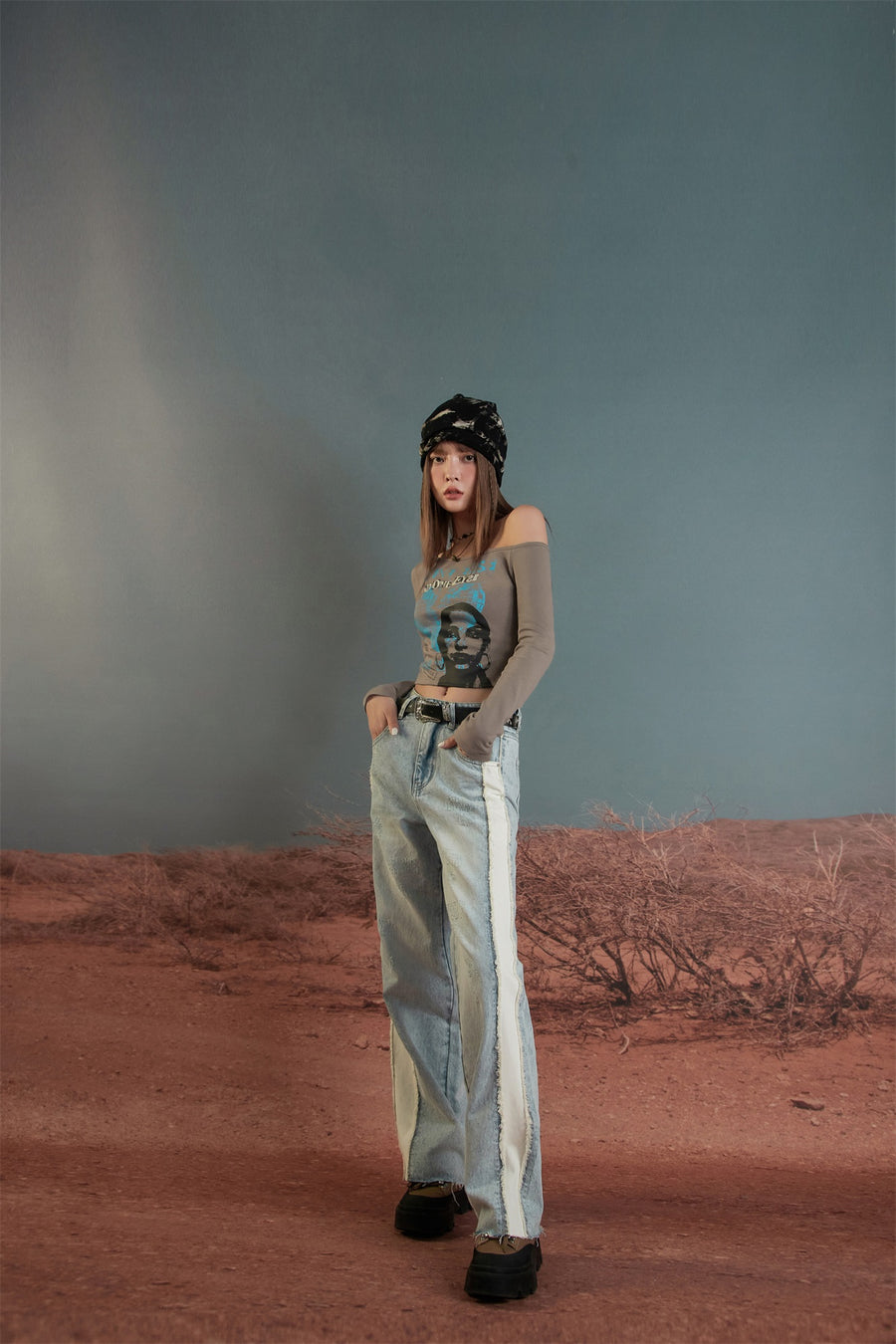 CHUU Raw Damaged Straight Wide Jeans