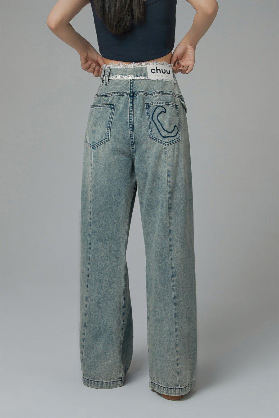 CHUU Lace High Waist Wide Straight Jeans