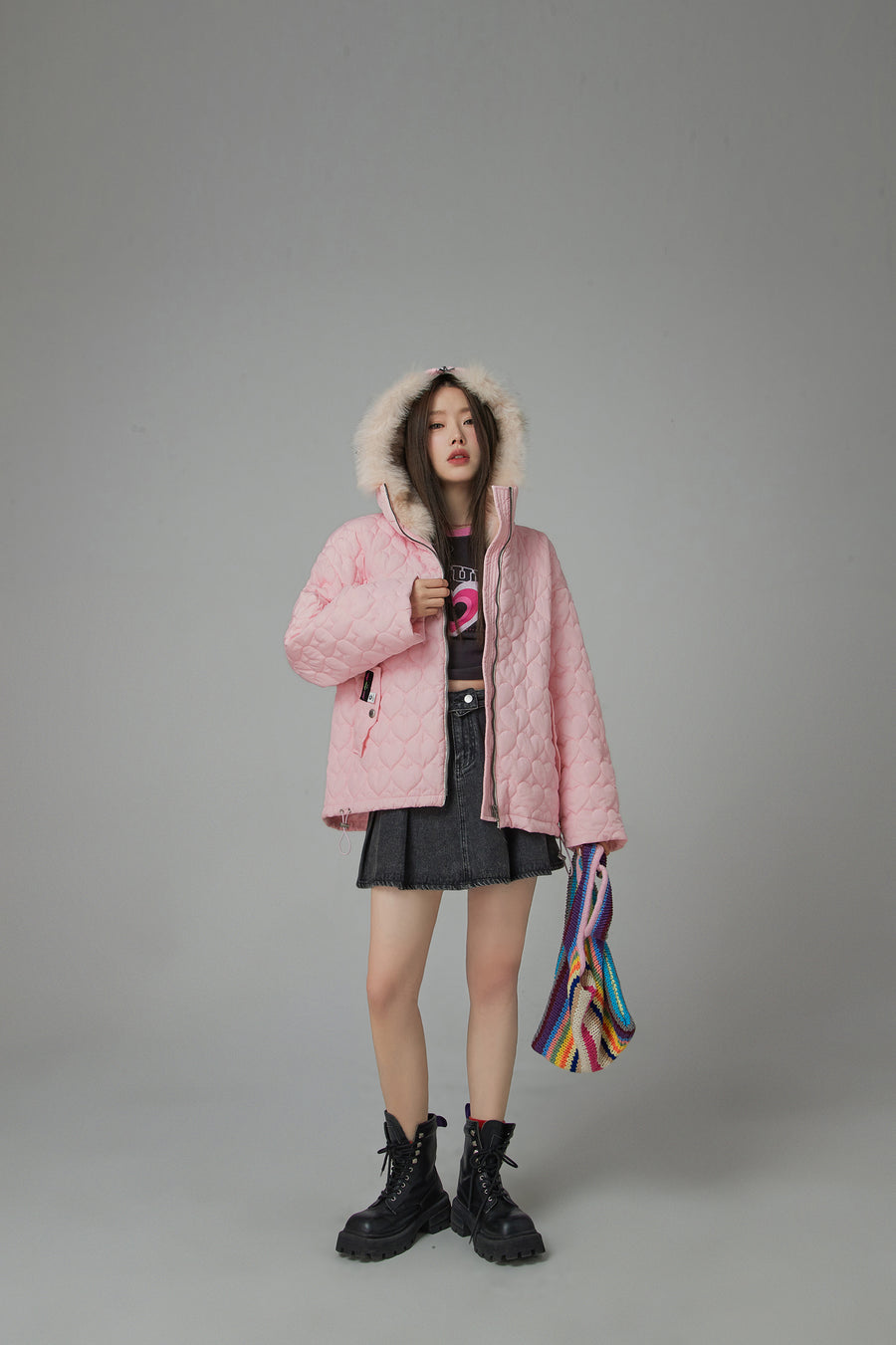 CHUU Fur Hoodie Heart Quilted Jacket