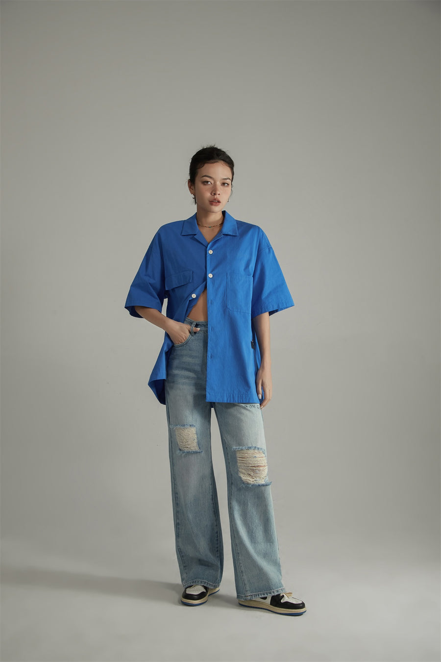 CHUU Distressed Ripped Wide Denim Jeans