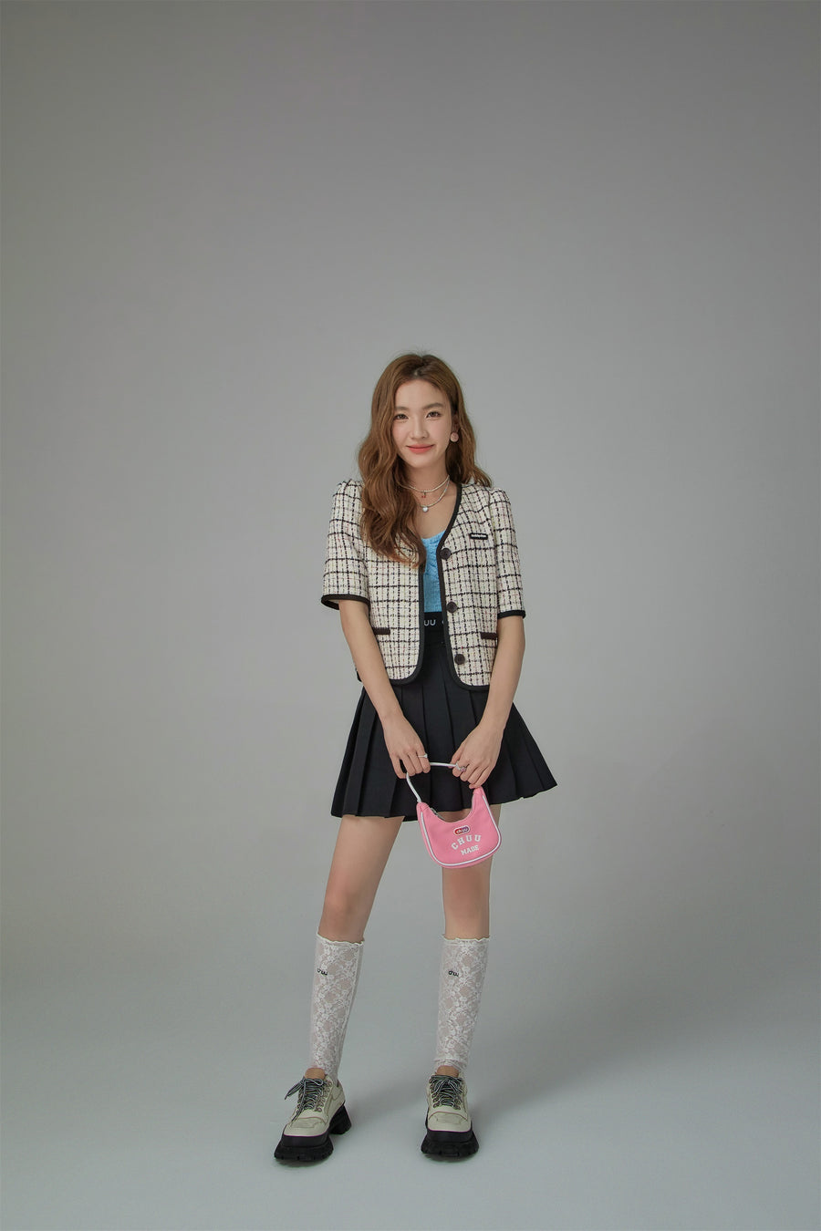 CHUU Plaid V-Neck Tweed Jacket