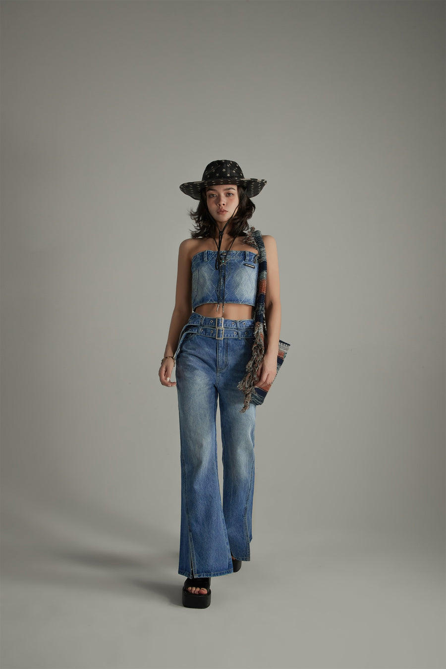 CHUU Argyle Denim Tube Top