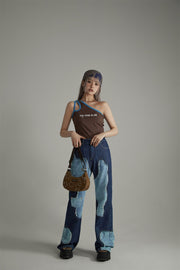 Cow Partchwork Wide Straight Jeans