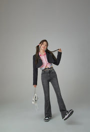 High Waist Slit Flare Washed Jeans