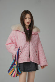 Fur Hoodie Heart Quilted Jacket