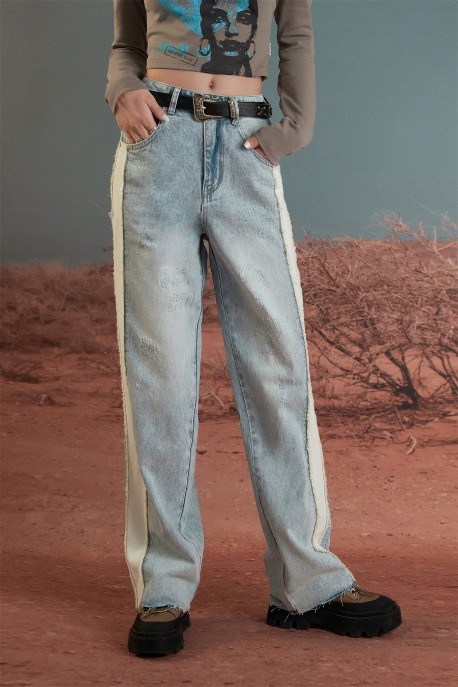 CHUU Raw Damaged Straight Wide Jeans