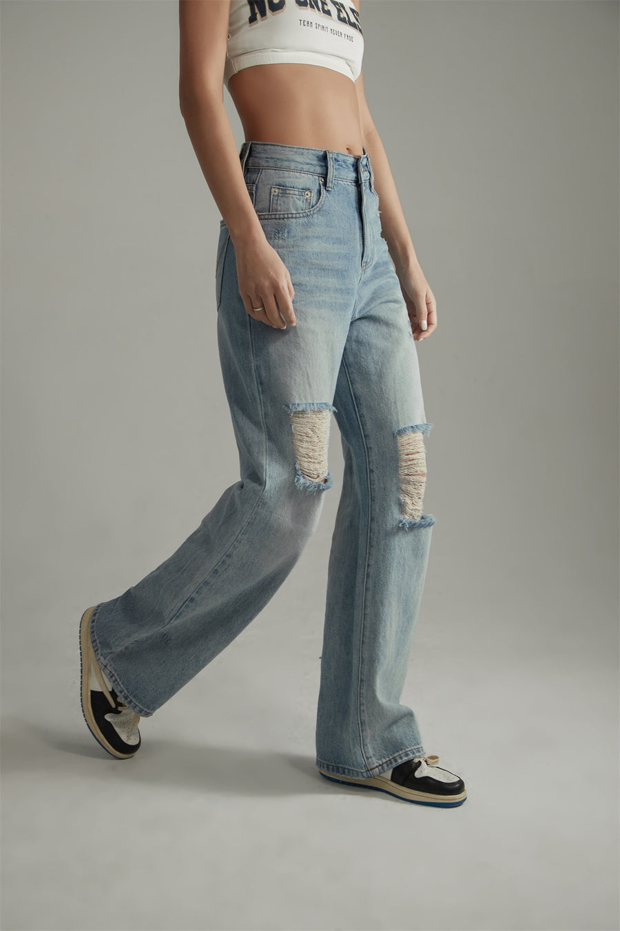CHUU Distressed Ripped Wide Denim Jeans