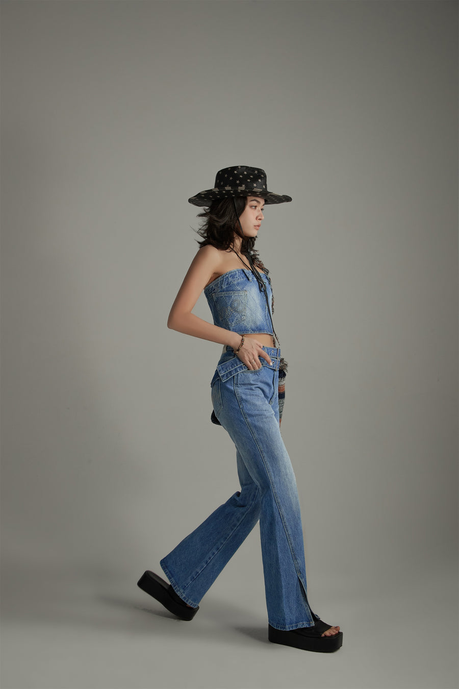 CHUU Argyle Denim Tube Top