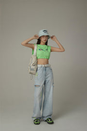 Color Flower Distressed Light Wash Straight Denim Jeans