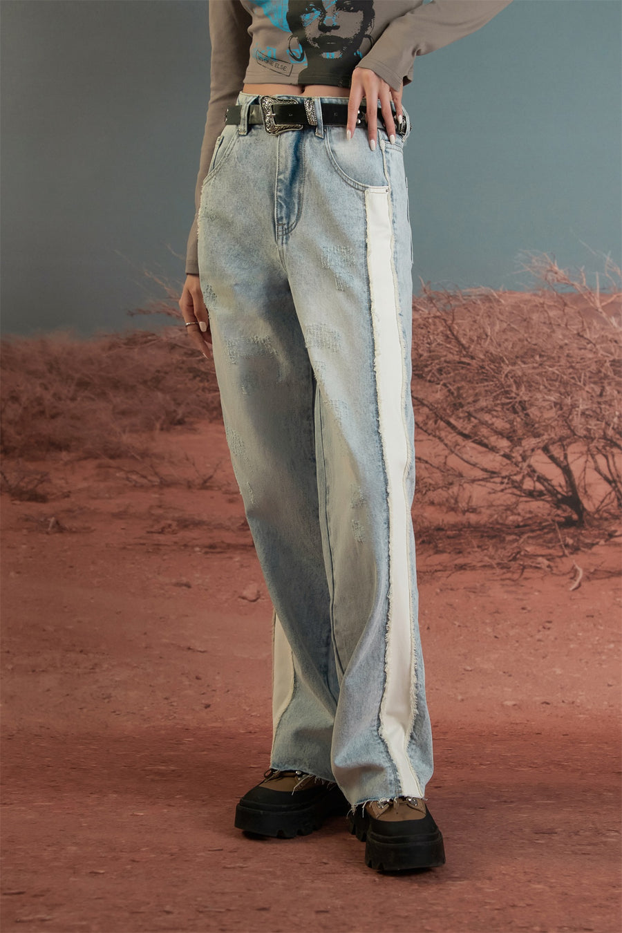 CHUU Raw Damaged Straight Wide Jeans