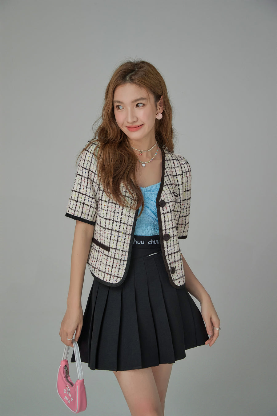 CHUU Plaid V-Neck Tweed Jacket