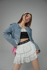 Lace Detail Cropped Denim Jacket