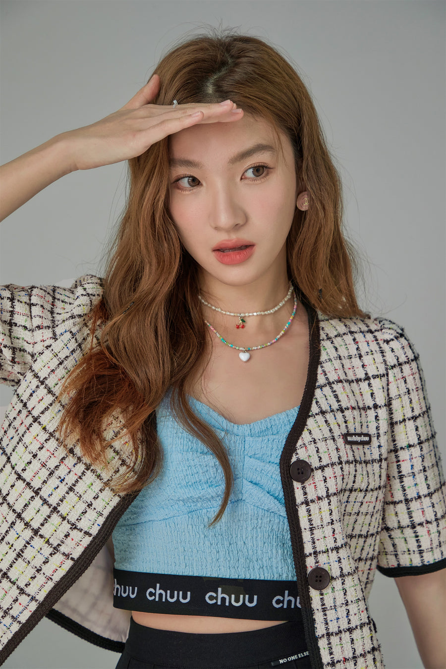 CHUU Plaid V-Neck Tweed Jacket