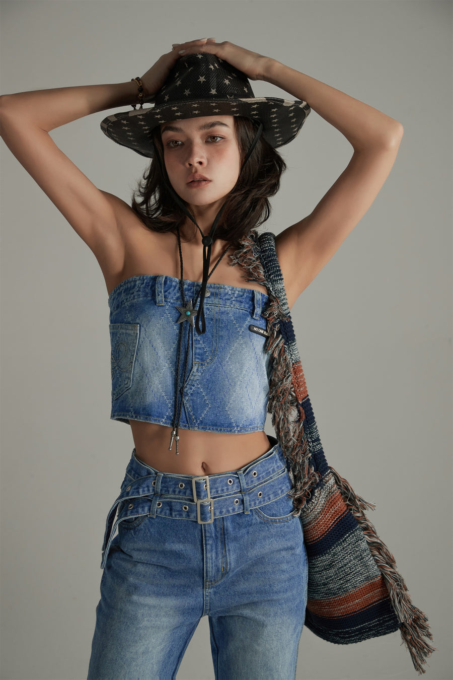 CHUU Argyle Denim Tube Top