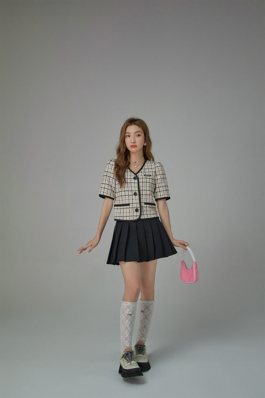 CHUU Plaid V-Neck Tweed Jacket