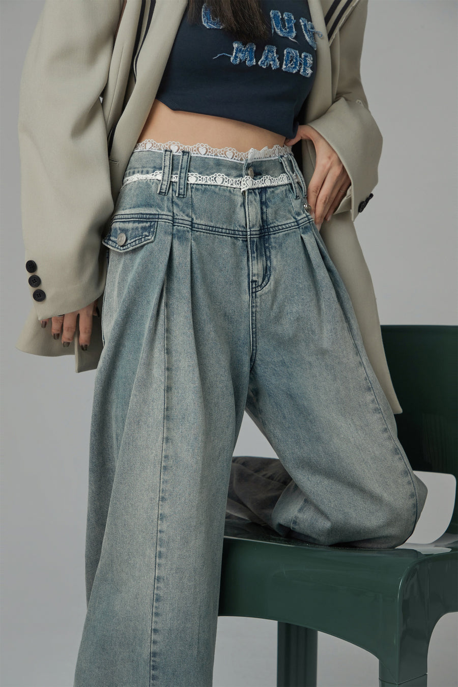 CHUU Lace High Waist Wide Straight Jeans