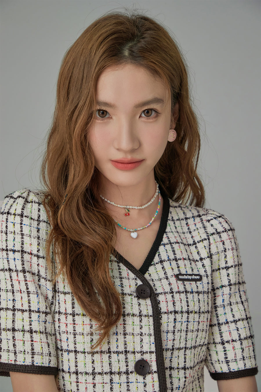 CHUU Plaid V-Neck Tweed Jacket