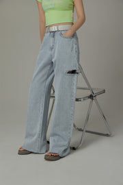 Distressed Straight Denim Light Wash Jeans