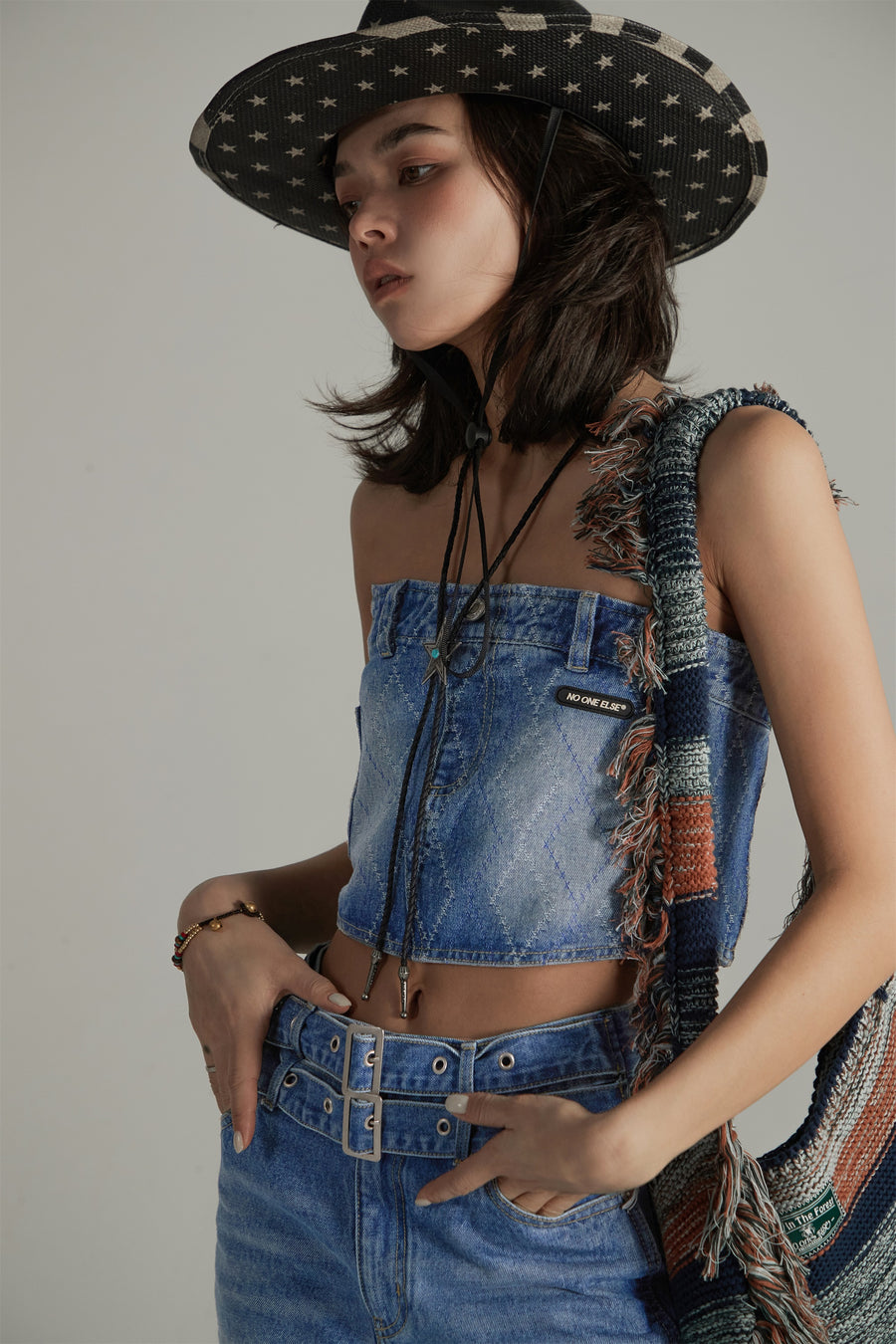 CHUU Argyle Denim Tube Top