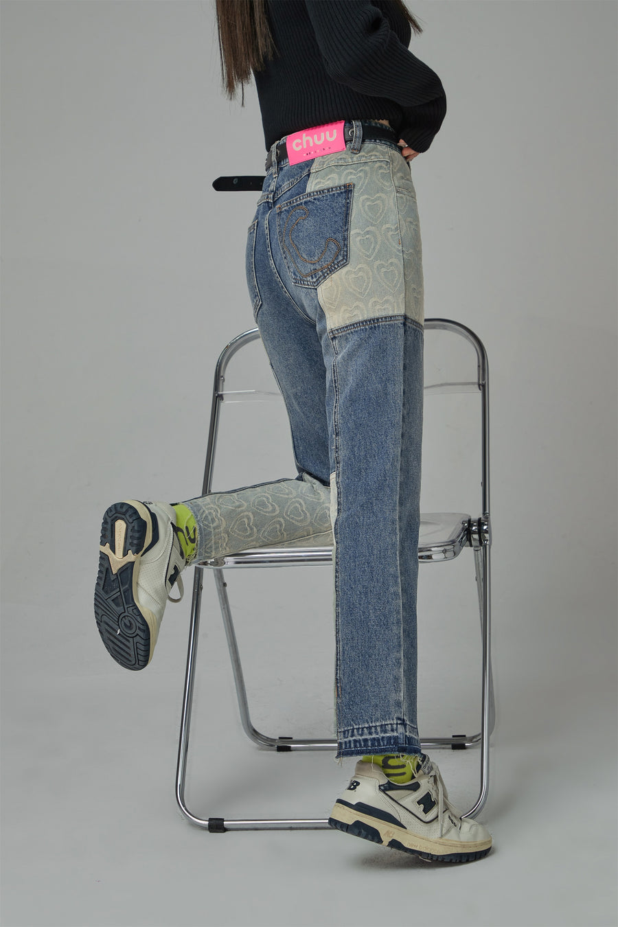 CHUU Patch High Waist Straight Jeans