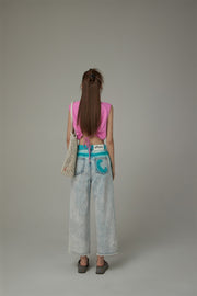 Color Outline Light Acid Wash Distressed Hem Denim Jeans