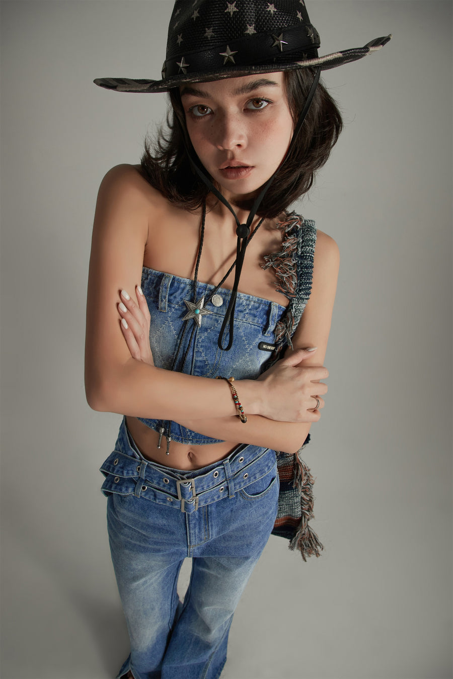 CHUU Argyle Denim Tube Top