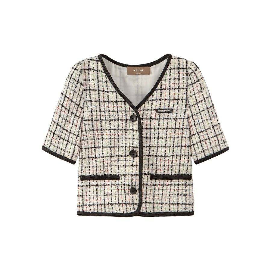 CHUU Plaid V-Neck Tweed Jacket