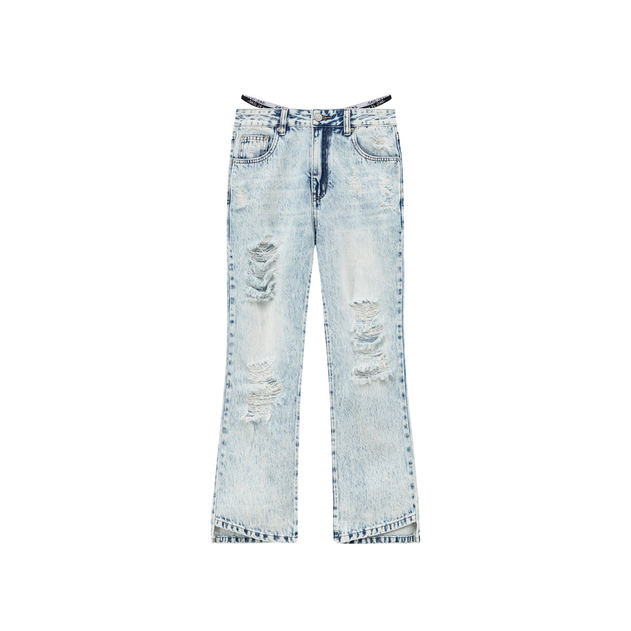 CHUU Unbalanced Hem Distressed Denim Jeans