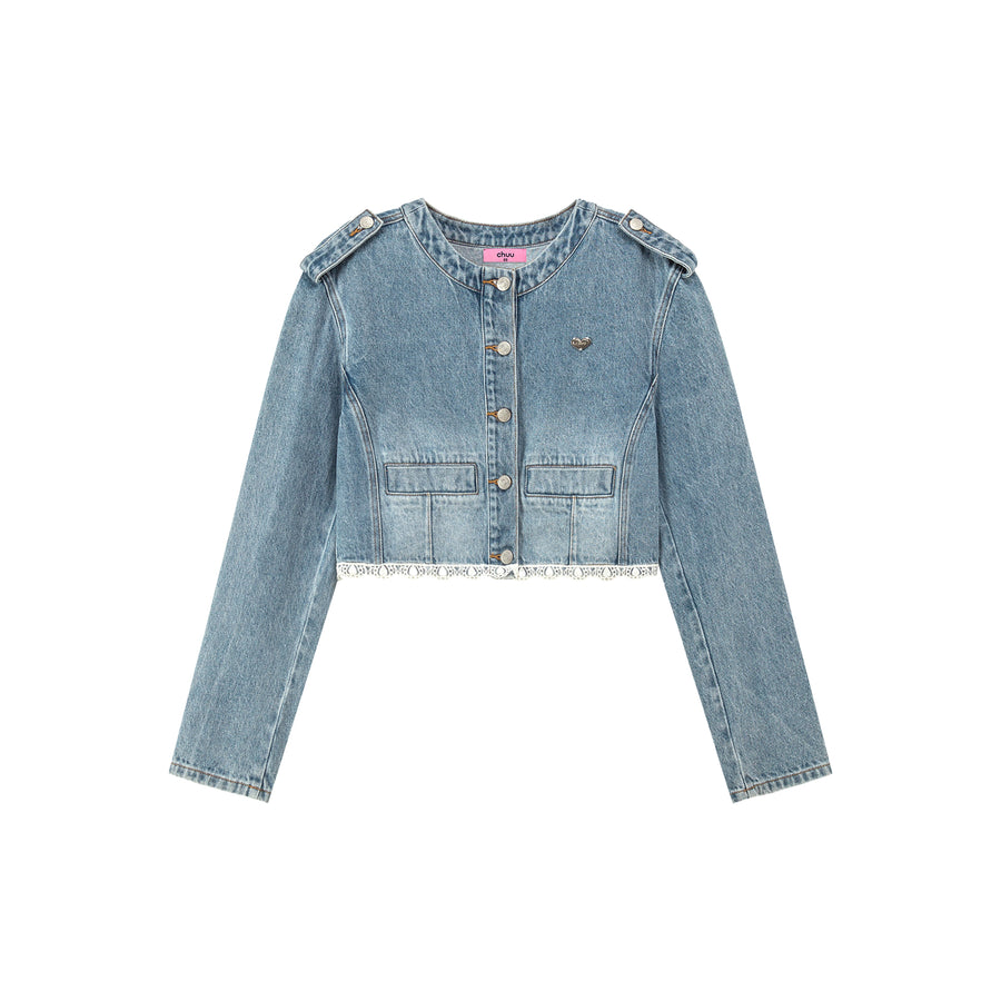 CHUU Lace Detail Cropped Denim Jacket
