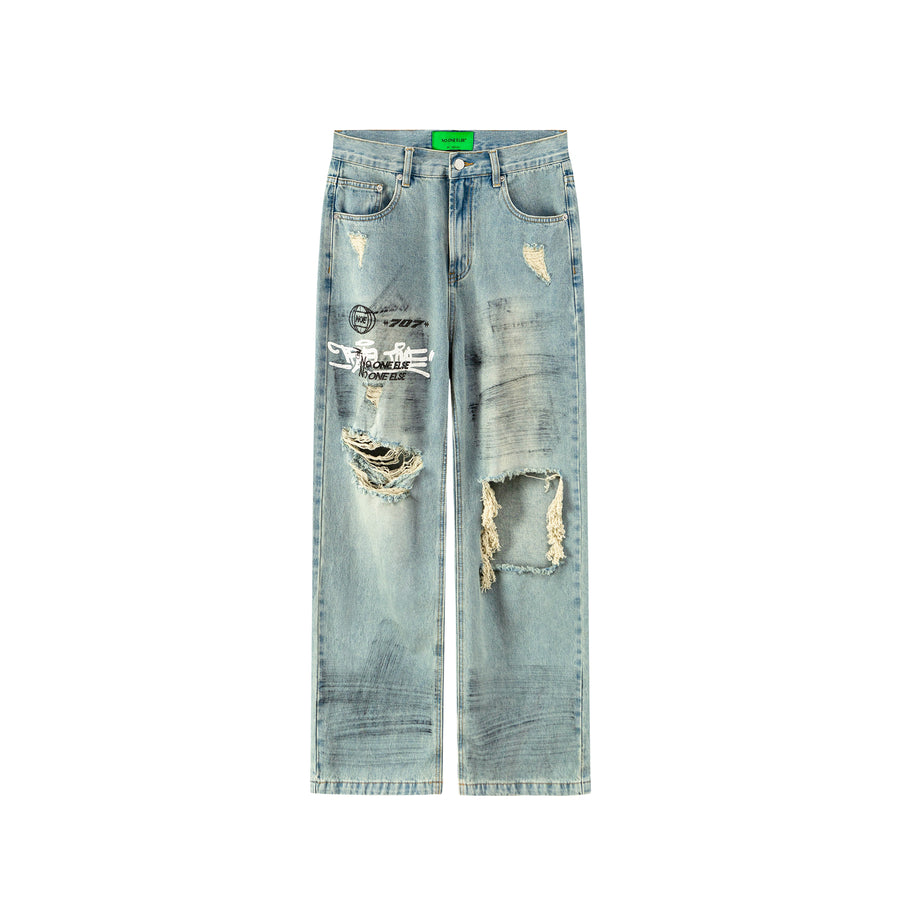 CHUU Graffiti Damaged Wide Jeans