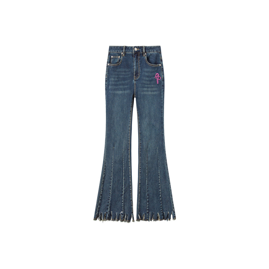 CHUU Embroidered Fringed Hem Denim Jeans