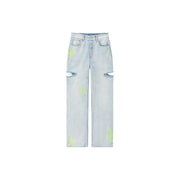 Color Flower Distressed Light Wash Straight Denim Jeans