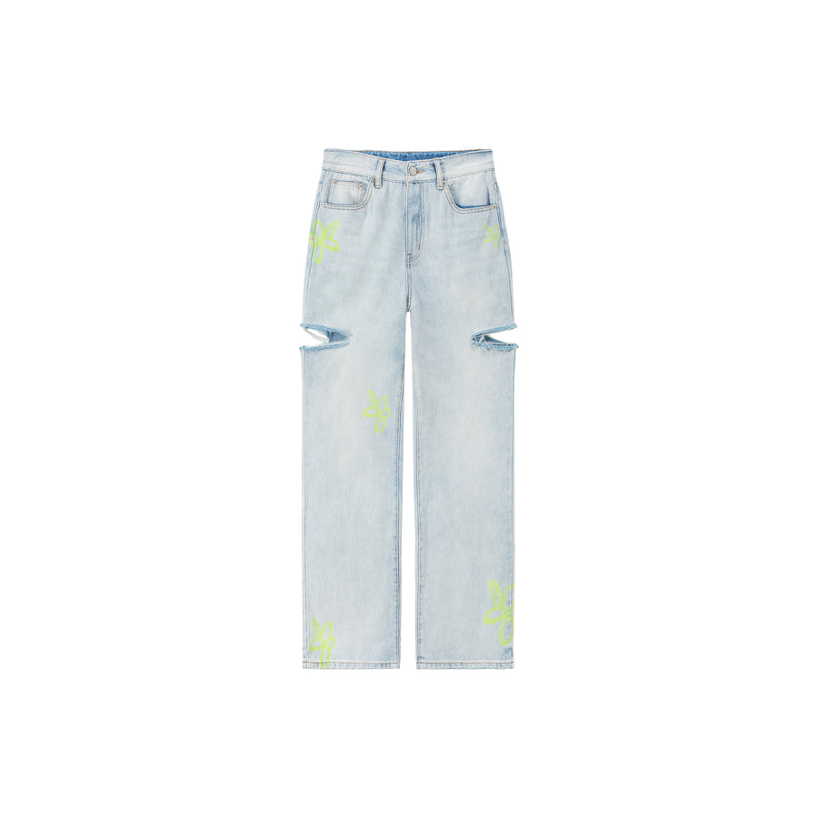CHUU Color Flower Distressed Light Wash Straight Denim Jeans