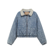 Heart Print Zip-Up Denim Jacket