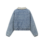 Heart Print Zip-Up Denim Jacket