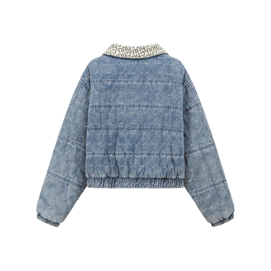 CHUU Heart Print Zip-Up Denim Jacket