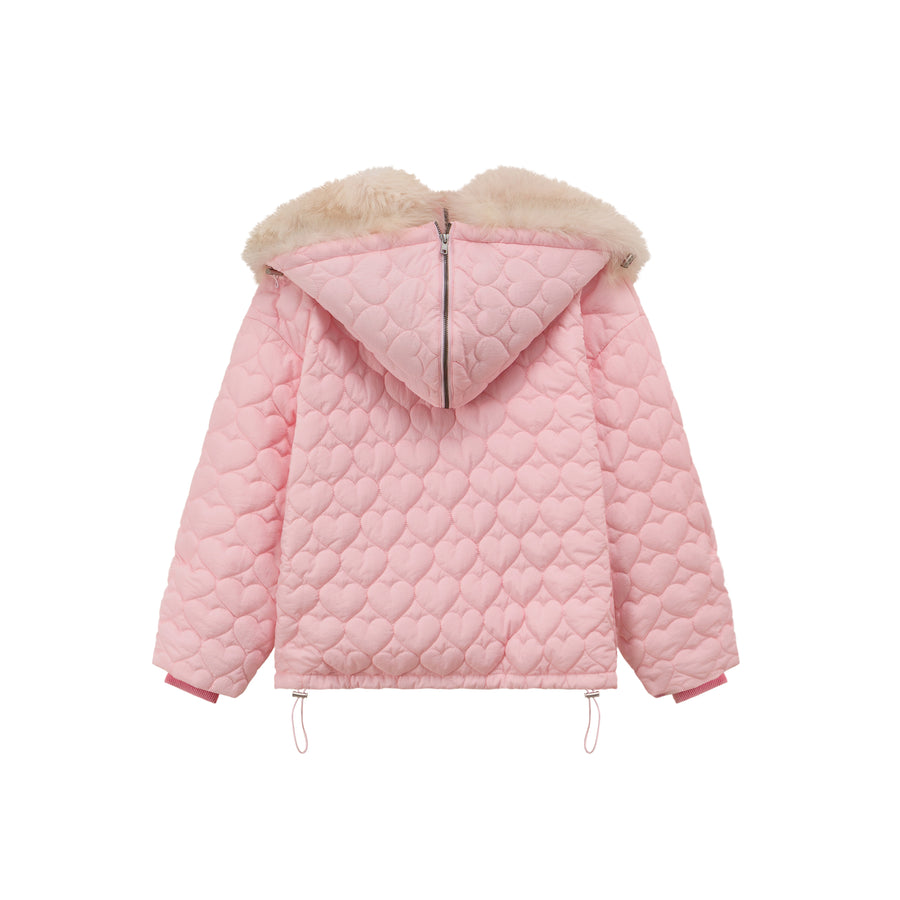 CHUU Fur Hoodie Heart Quilted Jacket