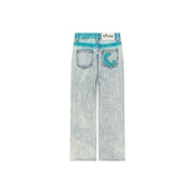 Color Outline Light Acid Wash Distressed Hem Denim Jeans