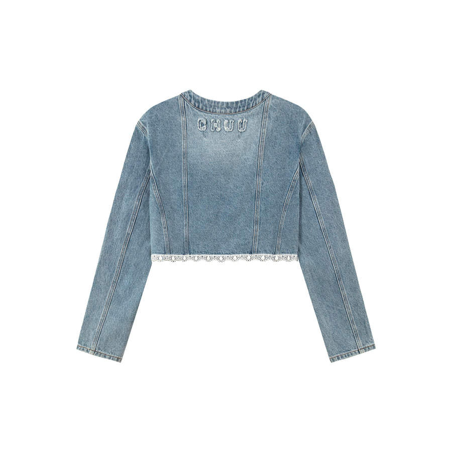 CHUU Lace Detail Cropped Denim Jacket