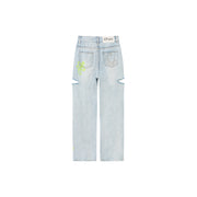 Color Flower Distressed Light Wash Straight Denim Jeans