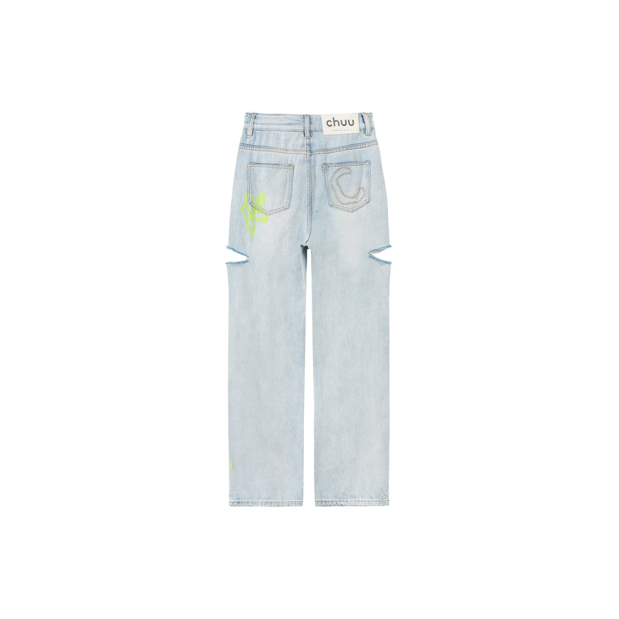 CHUU Color Flower Distressed Light Wash Straight Denim Jeans