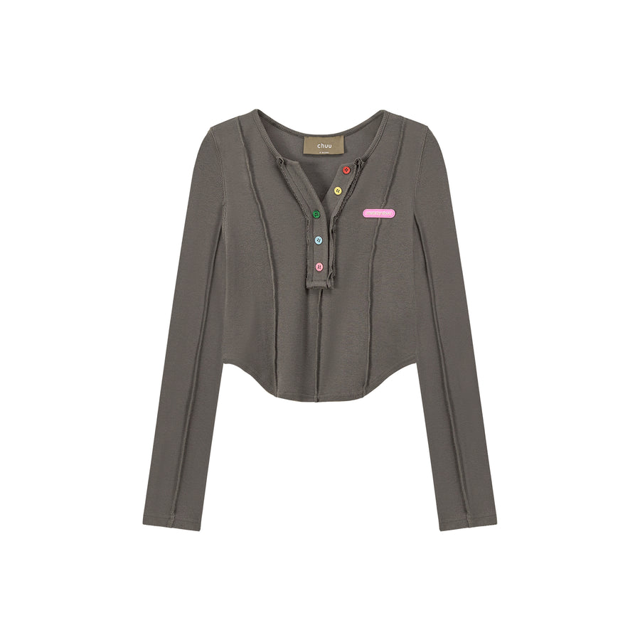 CHUU We Can Go Anywhere Rainbow Button Cropped T-Shirt