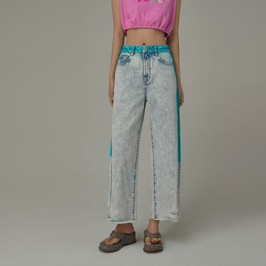 CHUU Color Outline Light Acid Wash Distressed Hem Denim Jeans