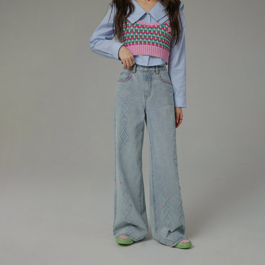 CHUU Receiving Attention Argyle Wide Denim Jeans