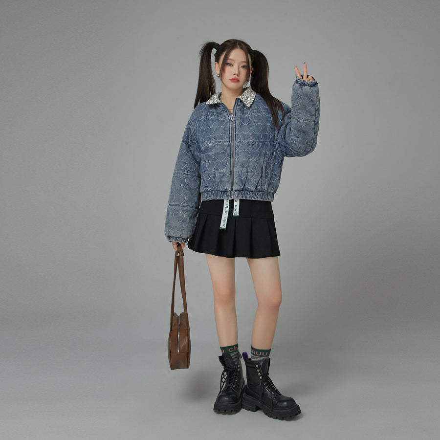 CHUU Heart Print Zip-Up Denim Jacket