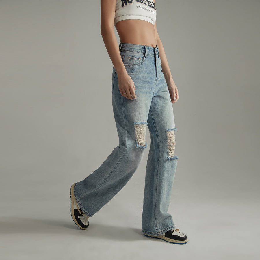 CHUU Distressed Ripped Wide Denim Jeans